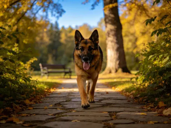 德国牧羊犬漫步秋日公园小径场景