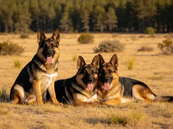 干燥草原上的德国牧羊犬群像
