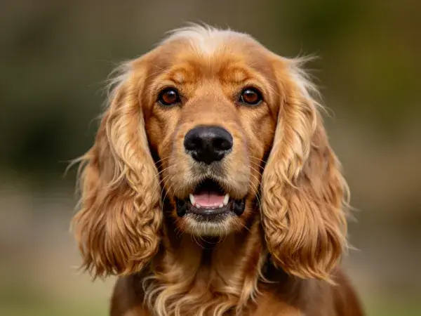 户外暖光下的可卡犬特写