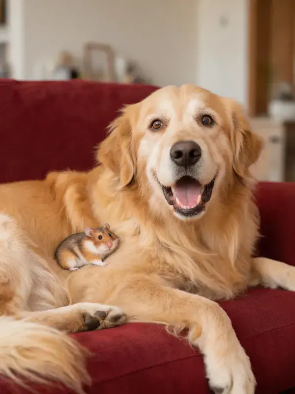 马尔萨什金毛猎犬与仓鼠同框特写