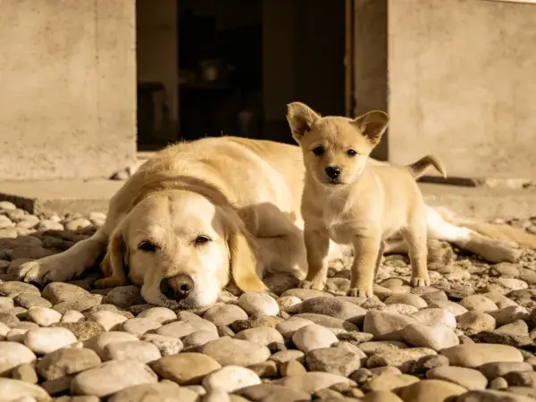 露天场地中金毛与小犬相伴的场景