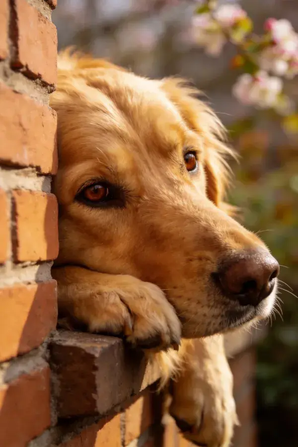 砖墙旁的金毛犬特写场景