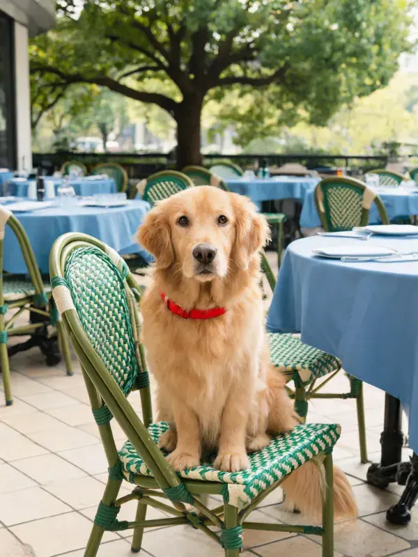 户外咖啡馆中的金毛猎犬