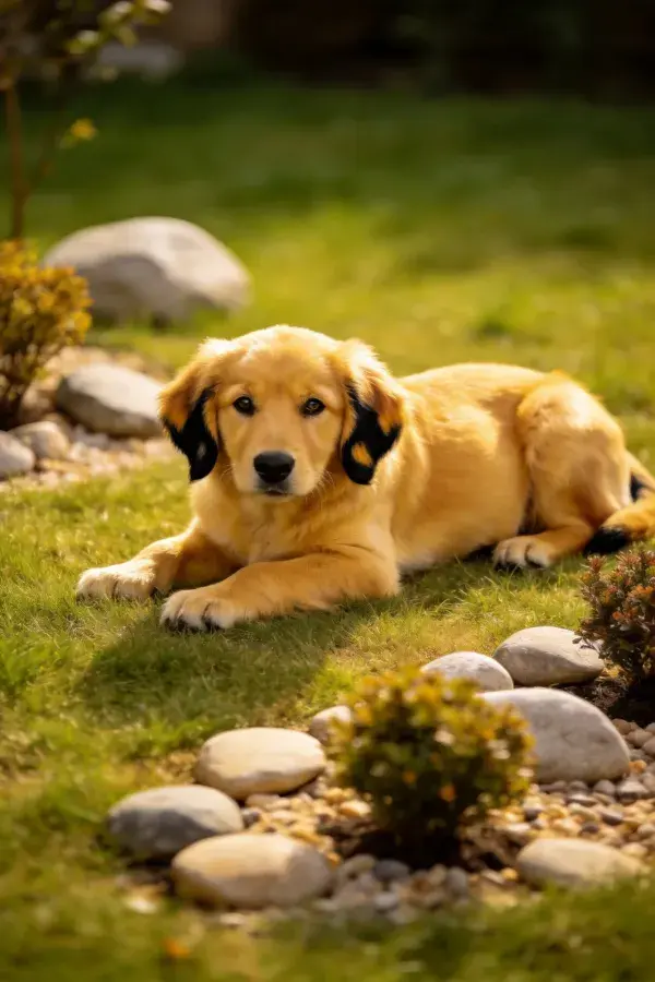 金毛幼犬于碎石园林休憩场景
