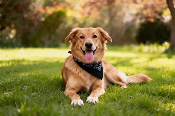 草地中的金毛犬休闲场景