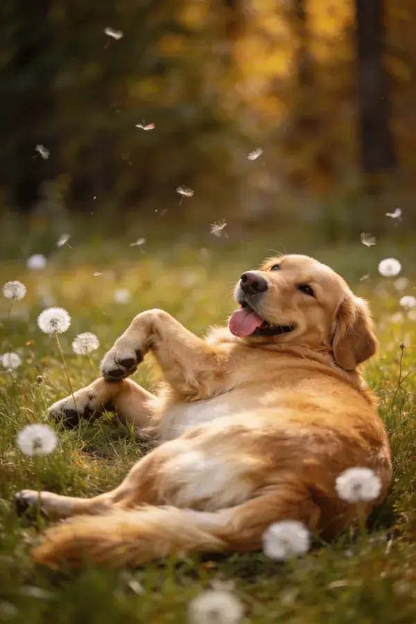 草地中金毛寻回犬放松姿态