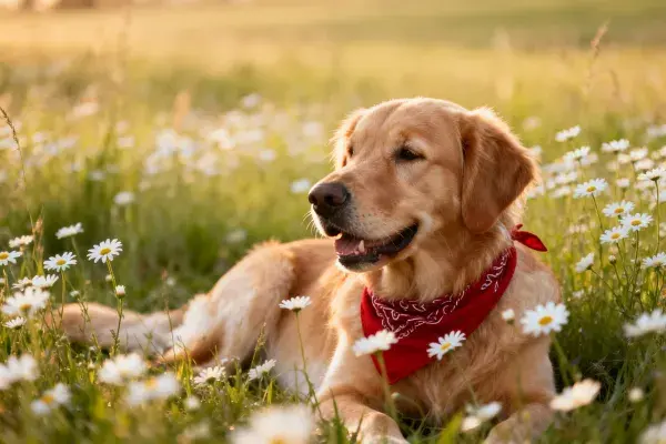 金毛犬躺卧雏菊草地特写