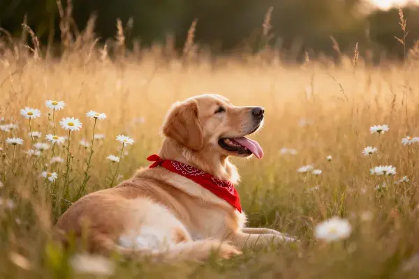 金毛寻回犬在野花草地休憩