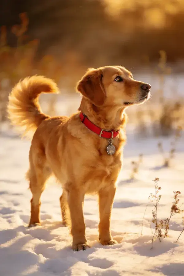 冬日暖光下金毛犬雪地伫立