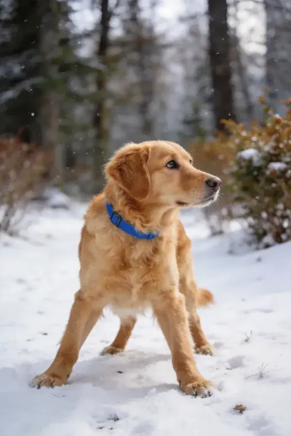 雪地森林中的金毛寻回犬