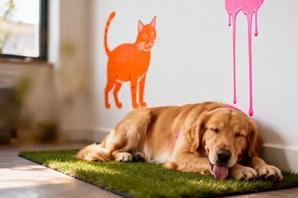 室内草坪上的金毛猎犬与装饰墙面场景