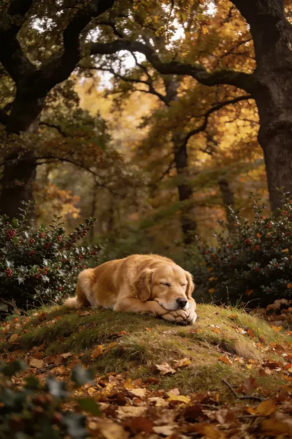 秋日森林中金毛犬休憩场景