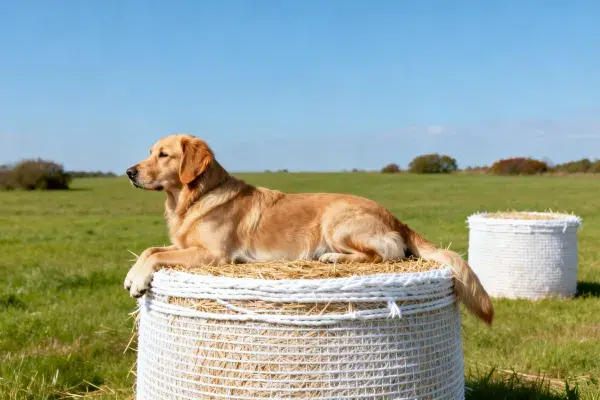 金毛寻回犬 躺卧在草垛上