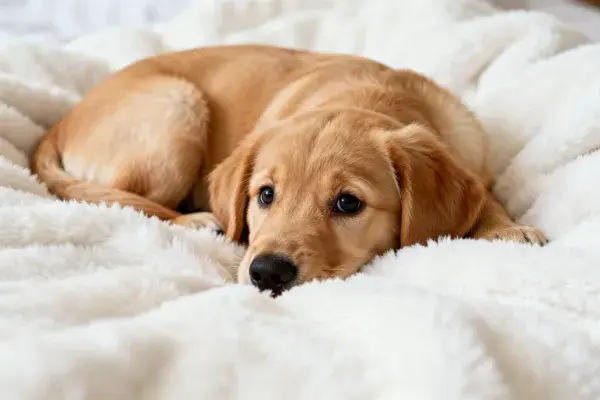 金毛幼犬趴卧在白色毯子上的状态捕捉