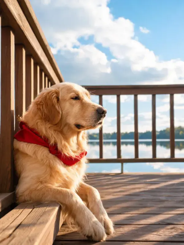 金毛犬倚靠木栏休憩时刻
