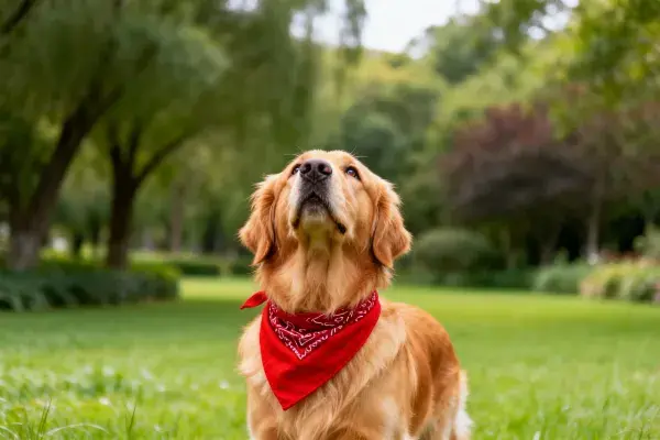 绿色草坪中的金毛寻回犬特写