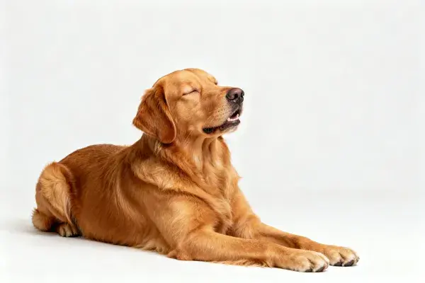 金毛寻回犬躺卧白色背景前的姿态