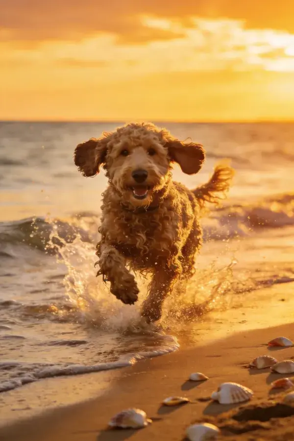 沙滩黄昏时拉布拉多贵宾混种犬奔跑