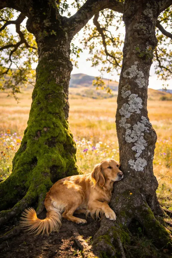 金毛寻回犬林间休憩场景