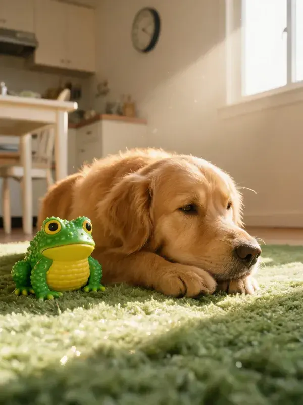 阳光客厅里的金毛猎犬与玩具青蛙