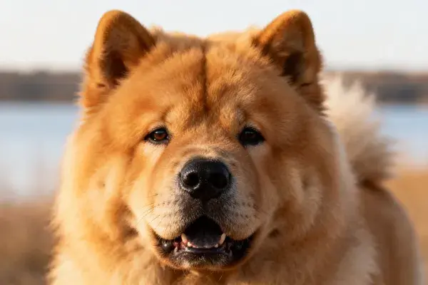 近景展示浅棕色松狮犬于户外水域旁