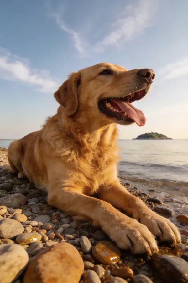 金毛猎犬在鹅卵石海滩边休憩的场景