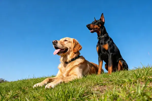 阳光草地上的金毛犬与杜宾犬场景
