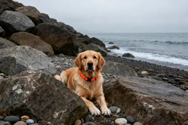 海边岩石间的金毛寻回犬