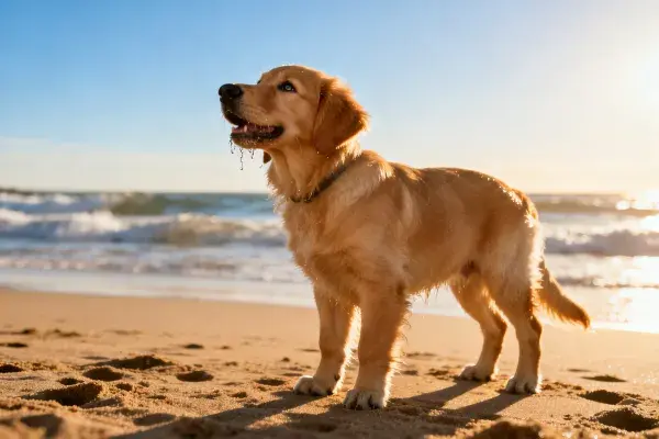 海滩上的金毛寻回犬特写镜头