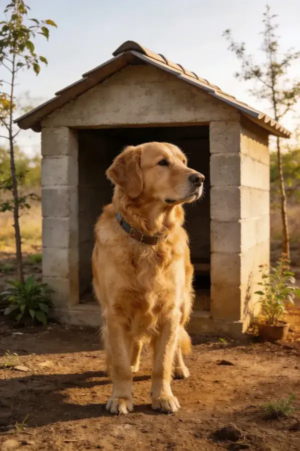 金毛寻回犬于石砌狗舍前