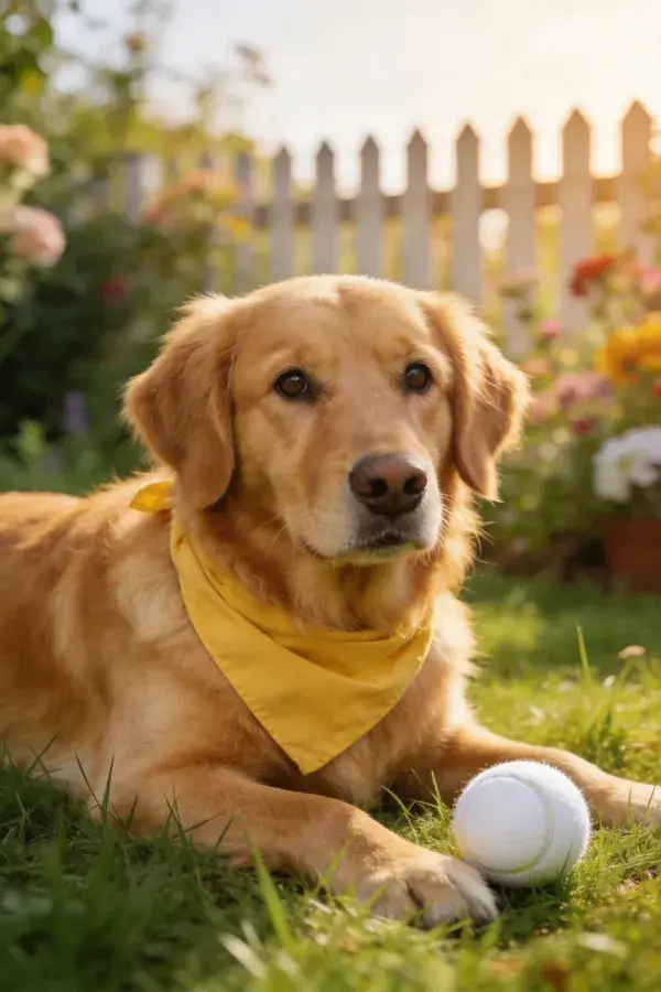 金毛寻回犬于花园草地休憩场景