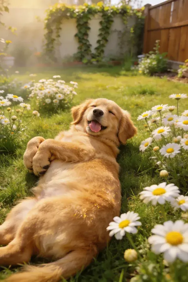 金毛犬躺卧雏菊草地瞬间