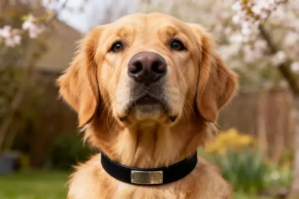 花园中金毛犬特写镜头