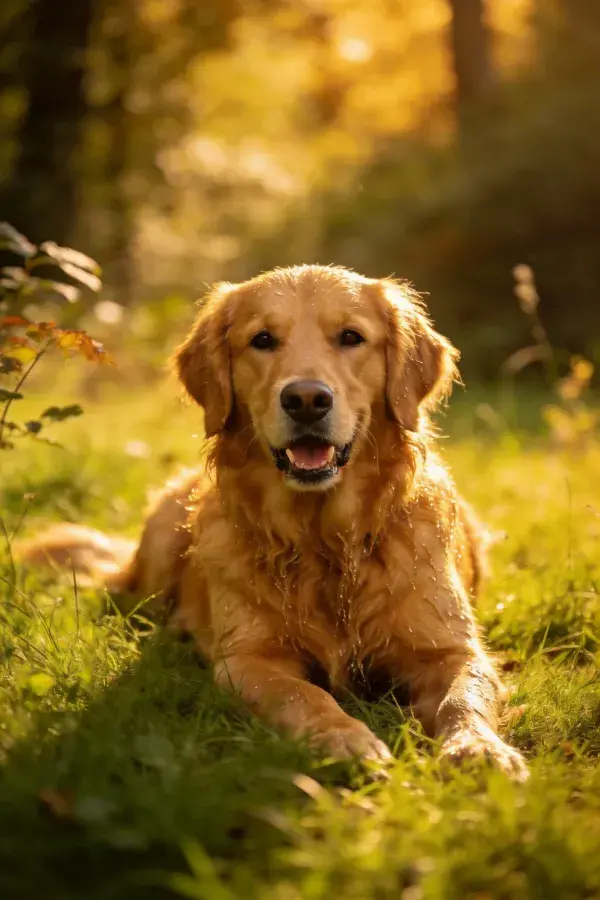 阳光草地上的金毛寻回犬休息