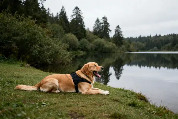 金毛猎犬湖边休憩场景