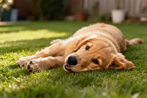 阳光草地上的金毛幼犬