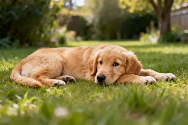 草地上一只侧卧的金毛幼犬
