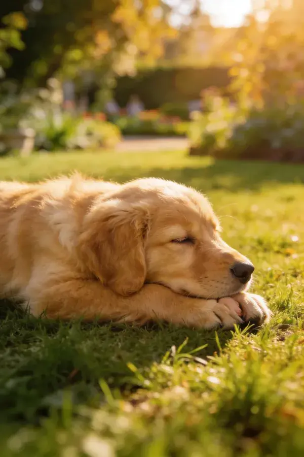 阳光草地上的金毛幼犬休憩场景