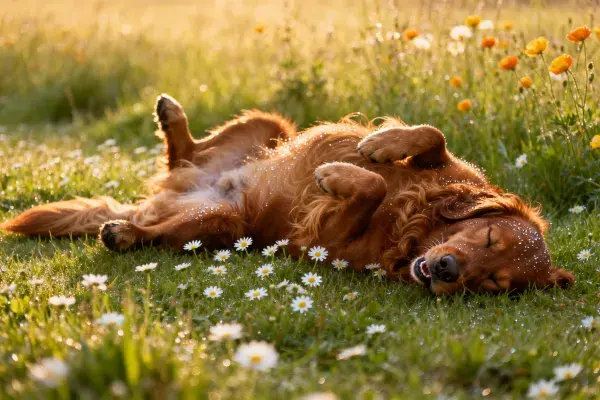 金毛犬在野花草地打滚的场景