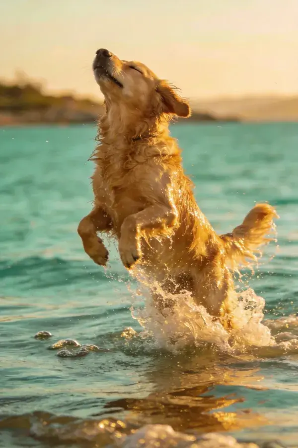 阳光下金毛犬跃入碧海