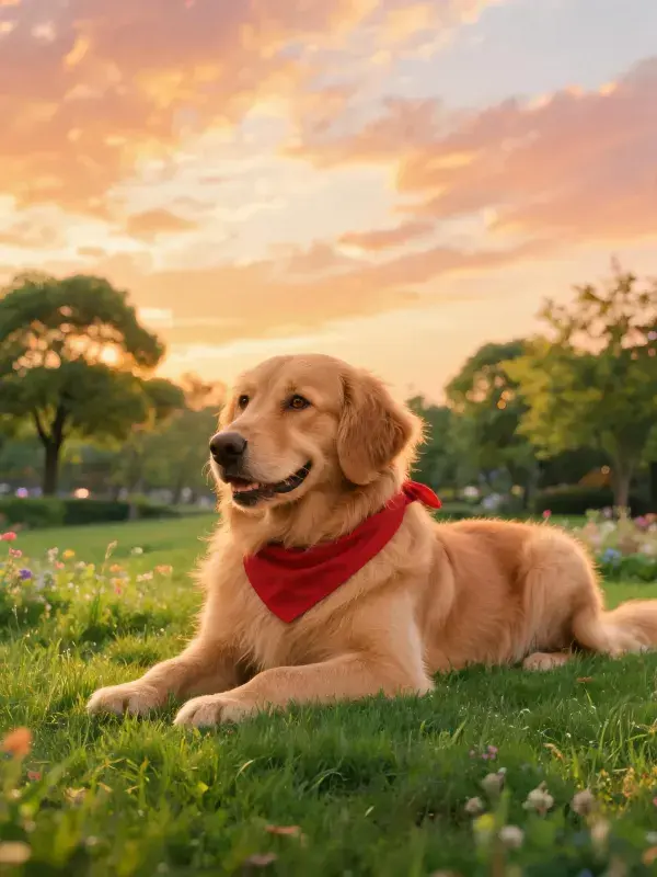 金毛猎犬趴卧草地夕阳下