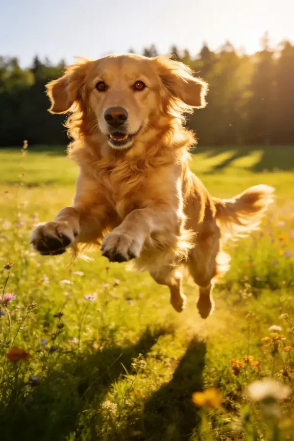 金毛猎犬跃过野花草地
