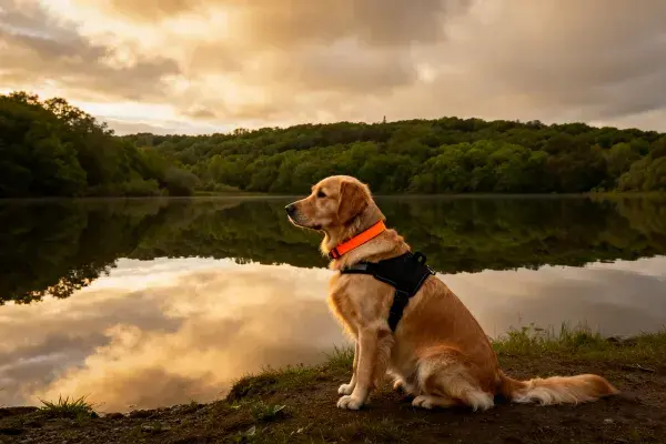 金毛猎犬静坐湖岸场景