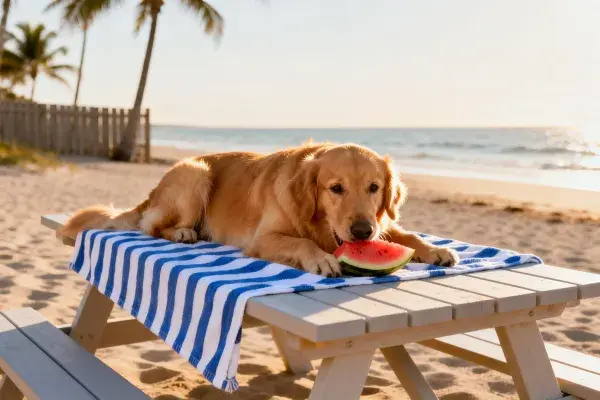 阳光沙滩上金毛犬进食西瓜的画面