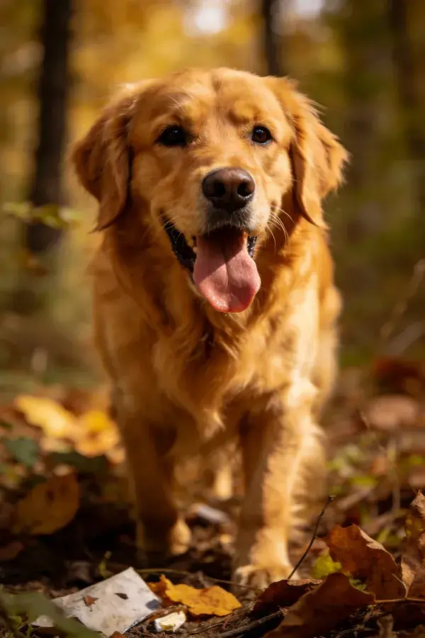 金毛寻回犬于秋林落叶间行走状态