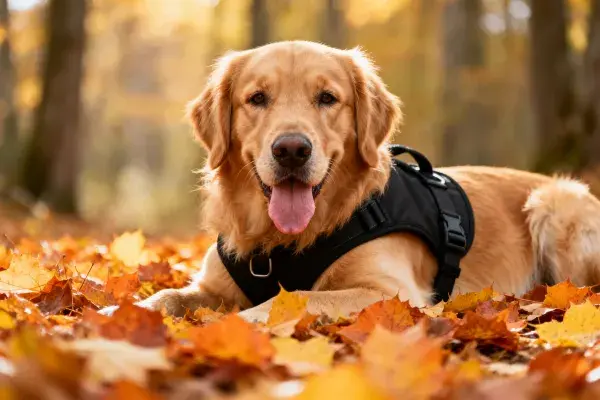 秋日落叶间的金毛寻回犬