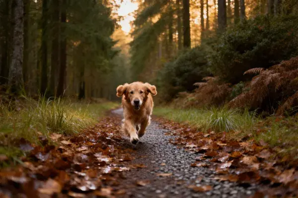 森林落叶小径上的金毛寻回犬