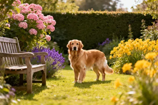 花园中站立的金毛寻回犬