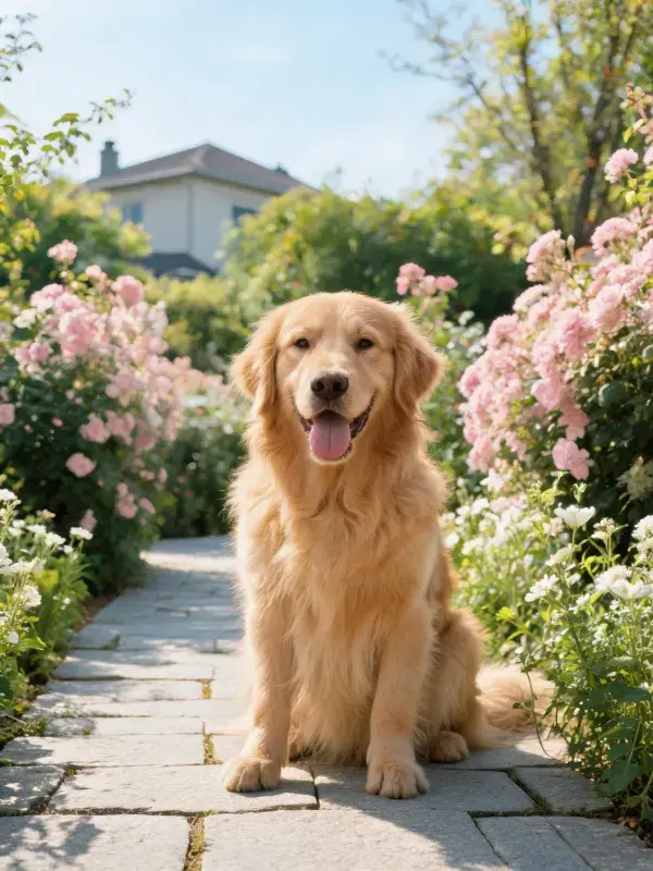 花园小径上的金毛猎犬