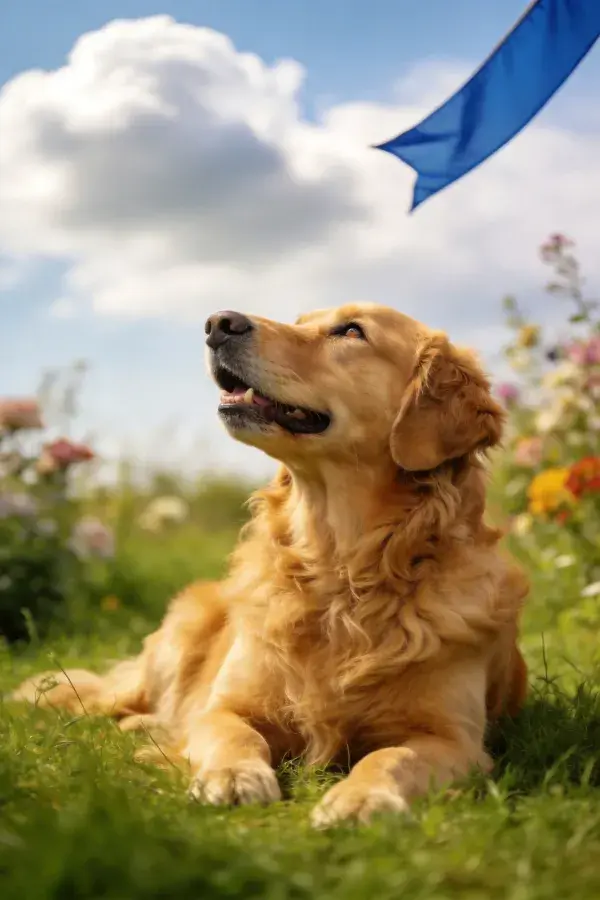 金毛寻回犬于花草草地上的姿态特写